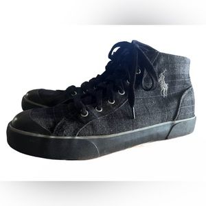 Ralph Lauren Polo Charan Black Gray Plaid Flannel Hi Top Pony Tennis Shoes 11D